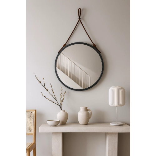 Lustro okrągłe w czarnej matowej ramie na brązowym skórzanym pasku - OTTO PASEK BRĄZ - kolor ramy do wyboru